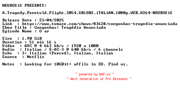 NFO for the release A.Tragedy.Foretold.Flight.3054.S01E02.iTALiAN.1080p.WEB.H264-NEUROSiS by NEUROSiS