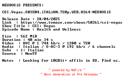 NFO for the release CSI.Vegas.S03E04.iTALiAN.720p.WEB.H264-NEUROSiS by NEUROSiS