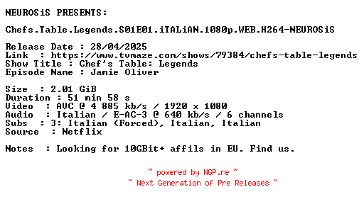 NFO for the release Chefs.Table.Legends.S01E01.iTALiAN.1080p.WEB.H264-NEUROSiS by NEUROSiS