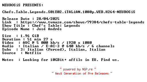NFO for the release Chefs.Table.Legends.S01E02.iTALiAN.1080p.WEB.H264-NEUROSiS by NEUROSiS