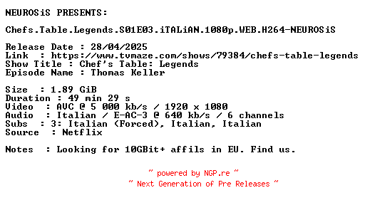 NFO for the release Chefs.Table.Legends.S01E03.iTALiAN.1080p.WEB.H264-NEUROSiS by NEUROSiS