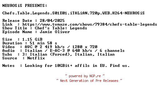 NFO for the release Chefs.Table.Legends.S01E01.iTALiAN.720p.WEB.H264-NEUROSiS by NEUROSiS