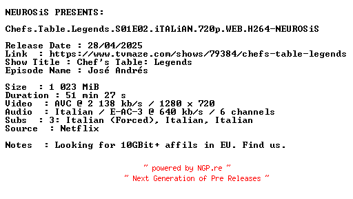 NFO for the release Chefs.Table.Legends.S01E02.iTALiAN.720p.WEB.H264-NEUROSiS by NEUROSiS