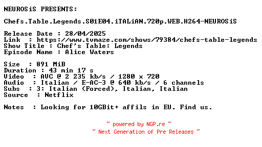 NFO for the release Chefs.Table.Legends.S01E04.iTALiAN.720p.WEB.H264-NEUROSiS by NEUROSiS