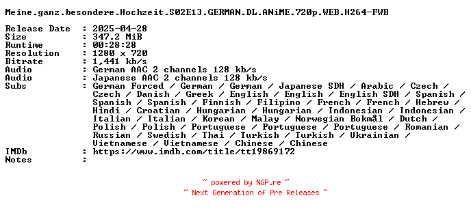 NFO for the release Meine.ganz.besondere.Hochzeit.S02E13.GERMAN.DL.ANiME.720p.WEB.H264-FWB by FWB