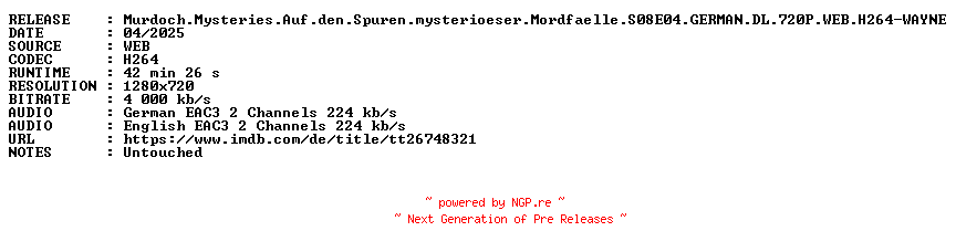NFO for the release Murdoch.Mysteries.Auf.den.Spuren.mysterioeser.Mordfaelle.S08E04.GERMAN.DL.720P.WEB.H264-WAYNE by WAYNE
