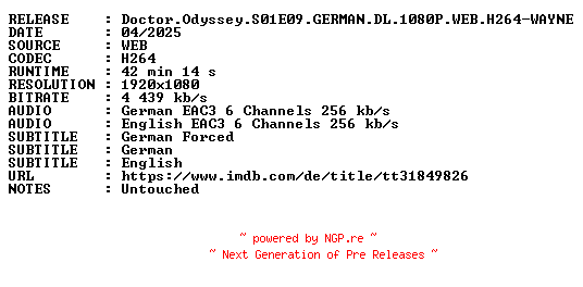 NFO for the release Doctor.Odyssey.S01E09.GERMAN.DL.1080P.WEB.H264-WAYNE by WAYNE