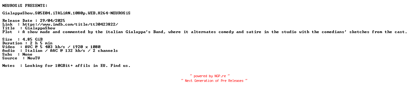 NFO for the release GialappaShow.S05E04.iTALiAN.1080p.WEB.H264-NEUROSiS by NEUROSiS