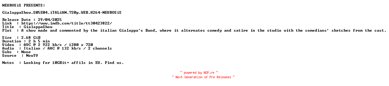 NFO for the release GialappaShow.S05E04.iTALiAN.720p.WEB.H264-NEUROSiS by NEUROSiS