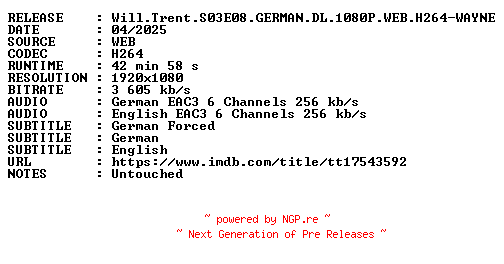 NFO for the release Will.Trent.S03E08.GERMAN.DL.1080P.WEB.H264-WAYNE by WAYNE