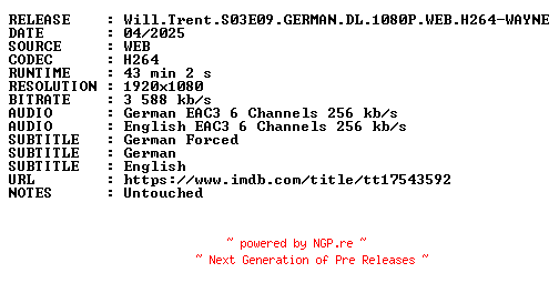 NFO for the release Will.Trent.S03E09.GERMAN.DL.1080P.WEB.H264-WAYNE by WAYNE