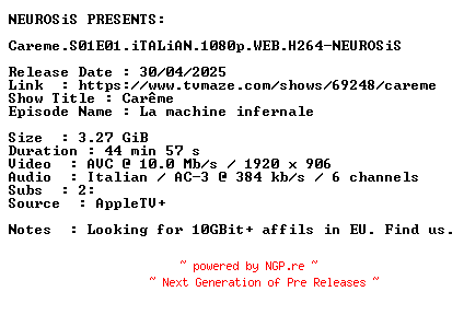 NFO for the release Careme.S01E01.iTALiAN.1080p.WEB.H264-NEUROSiS by NEUROSiS