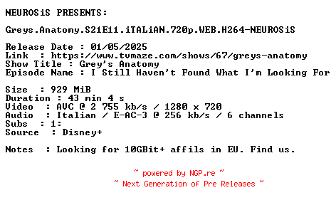 NFO for the release Greys.Anatomy.S21E11.iTALiAN.720p.WEB.H264-NEUROSiS by NEUROSiS
