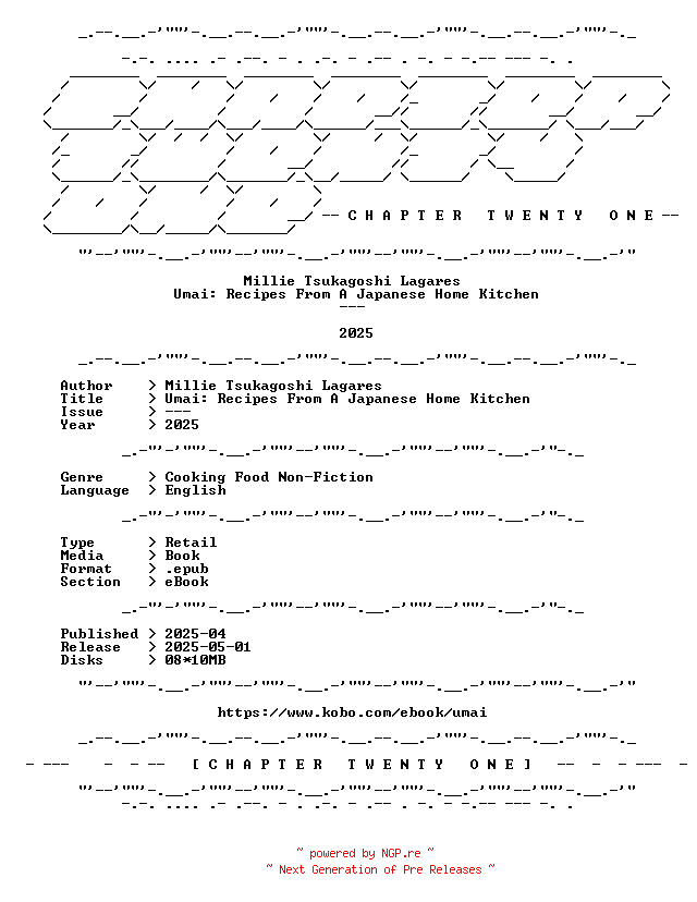 NFO for the release Millie.Tsukagoshi.Lagares.-.Umai.Recipes.From.A.Japanese.Home.Kitchen.2025.RETAIL.EPUB.eBook-CTO by CTO