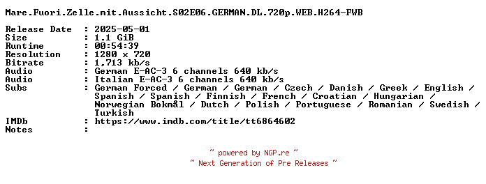 NFO for the release Mare.Fuori.Zelle.mit.Aussicht.S02E06.GERMAN.DL.720p.WEB.H264-FWB by FWB
