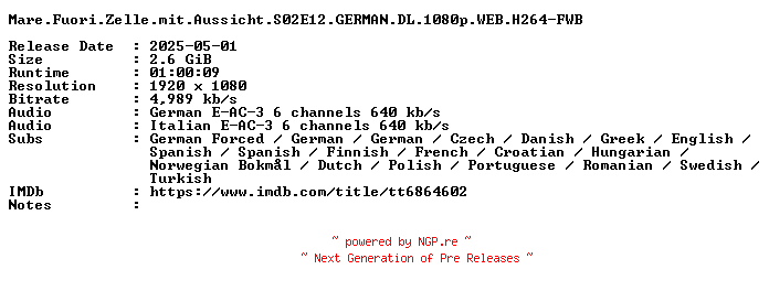 NFO for the release Mare.Fuori.Zelle.mit.Aussicht.S02E12.GERMAN.DL.1080p.WEB.H264-FWB by FWB