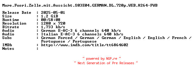 NFO for the release Mare.Fuori.Zelle.mit.Aussicht.S03E04.GERMAN.DL.720p.WEB.H264-FWB by FWB