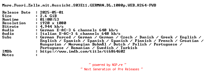 NFO for the release Mare.Fuori.Zelle.mit.Aussicht.S03E11.GERMAN.DL.1080p.WEB.H264-FWB by FWB