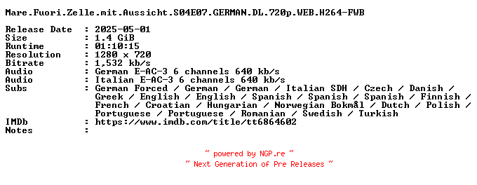 NFO for the release Mare.Fuori.Zelle.mit.Aussicht.S04E07.GERMAN.DL.720p.WEB.H264-FWB by FWB