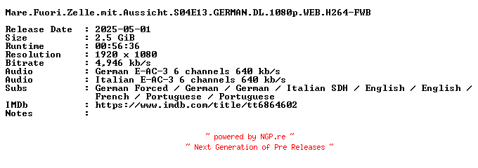 NFO for the release Mare.Fuori.Zelle.mit.Aussicht.S04E13.GERMAN.DL.1080p.WEB.H264-FWB by FWB