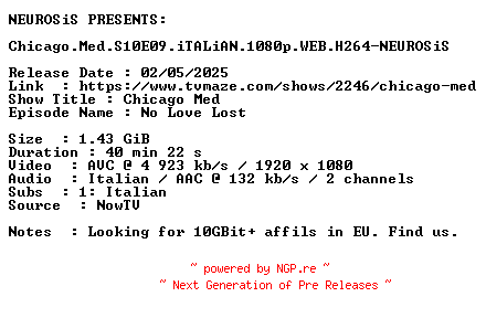 NFO for the release Chicago.Med.S10E09.iTALiAN.1080p.WEB.H264-NEUROSiS by NEUROSiS