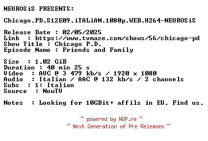 NFO for the release Chicago.PD.S12E09.iTALiAN.1080p.WEB.H264-NEUROSiS by NEUROSiS