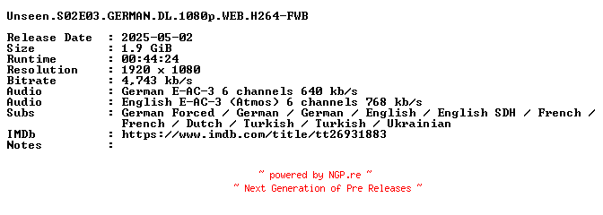 NFO for the release Unseen.S02E03.GERMAN.DL.1080p.WEB.H264-FWB by FWB