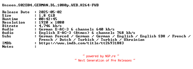 NFO for the release Unseen.S02E04.GERMAN.DL.1080p.WEB.H264-FWB by FWB