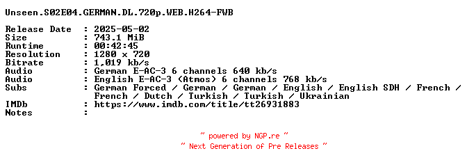 NFO for the release Unseen.S02E04.GERMAN.DL.720p.WEB.H264-FWB by FWB