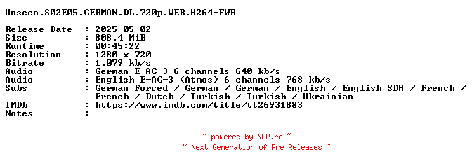 NFO for the release Unseen.S02E05.GERMAN.DL.720p.WEB.H264-FWB by FWB
