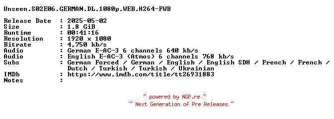 NFO for the release Unseen.S02E06.GERMAN.DL.1080p.WEB.H264-FWB by FWB