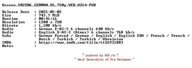 NFO for the release Unseen.S02E06.GERMAN.DL.720p.WEB.H264-FWB by FWB