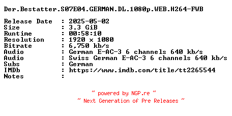 NFO for the release Der.Bestatter.S07E04.GERMAN.DL.1080p.WEB.H264-FWB by FWB