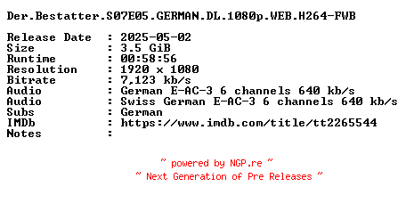NFO for the release Der.Bestatter.S07E05.GERMAN.DL.1080p.WEB.H264-FWB by FWB