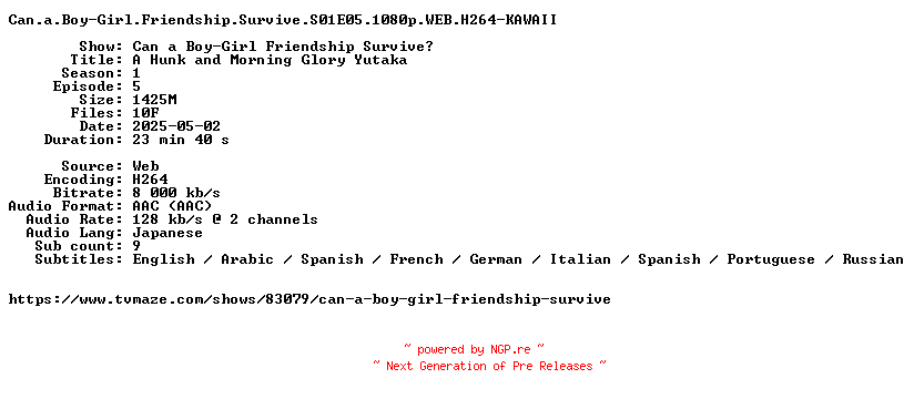 NFO for the release Can.a.Boy-Girl.Friendship.Survive.S01E05.1080p.WEB.H264-KAWAII by KAWAII