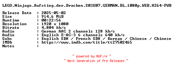 NFO for the release LEGO.Ninjago.Aufstieg.der.Drachen.S03E07.GERMAN.DL.1080p.WEB.H264-FWB by FWB