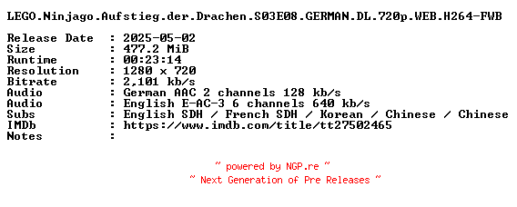 NFO for the release LEGO.Ninjago.Aufstieg.der.Drachen.S03E08.GERMAN.DL.720p.WEB.H264-FWB by FWB