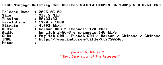 NFO for the release LEGO.Ninjago.Aufstieg.der.Drachen.S03E10.GERMAN.DL.1080p.WEB.H264-FWB by FWB