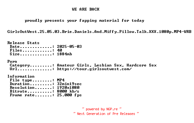 NFO for the release GirlsOutWest.25.05.03.Brie.Daniels.And.Miffy.Pillow.Talk.XXX.1080p.MP4-WRB by WRB