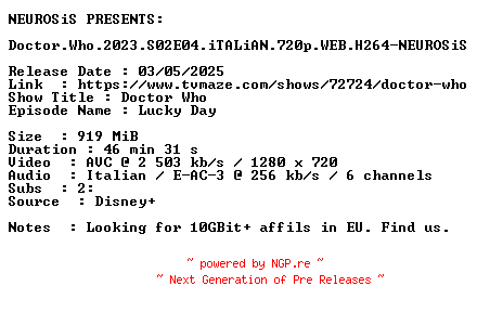 NFO for the release Doctor.Who.2023.S02E04.iTALiAN.720p.WEB.H264-NEUROSiS by NEUROSiS
