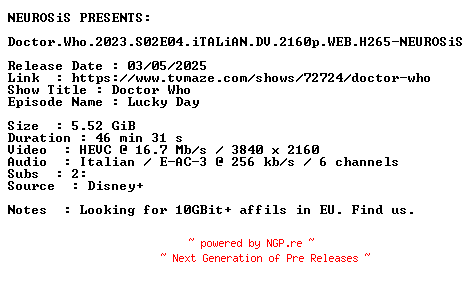 NFO for the release Doctor.Who.2023.S02E04.iTALiAN.DV.2160p.WEB.H265-NEUROSiS by NEUROSiS
