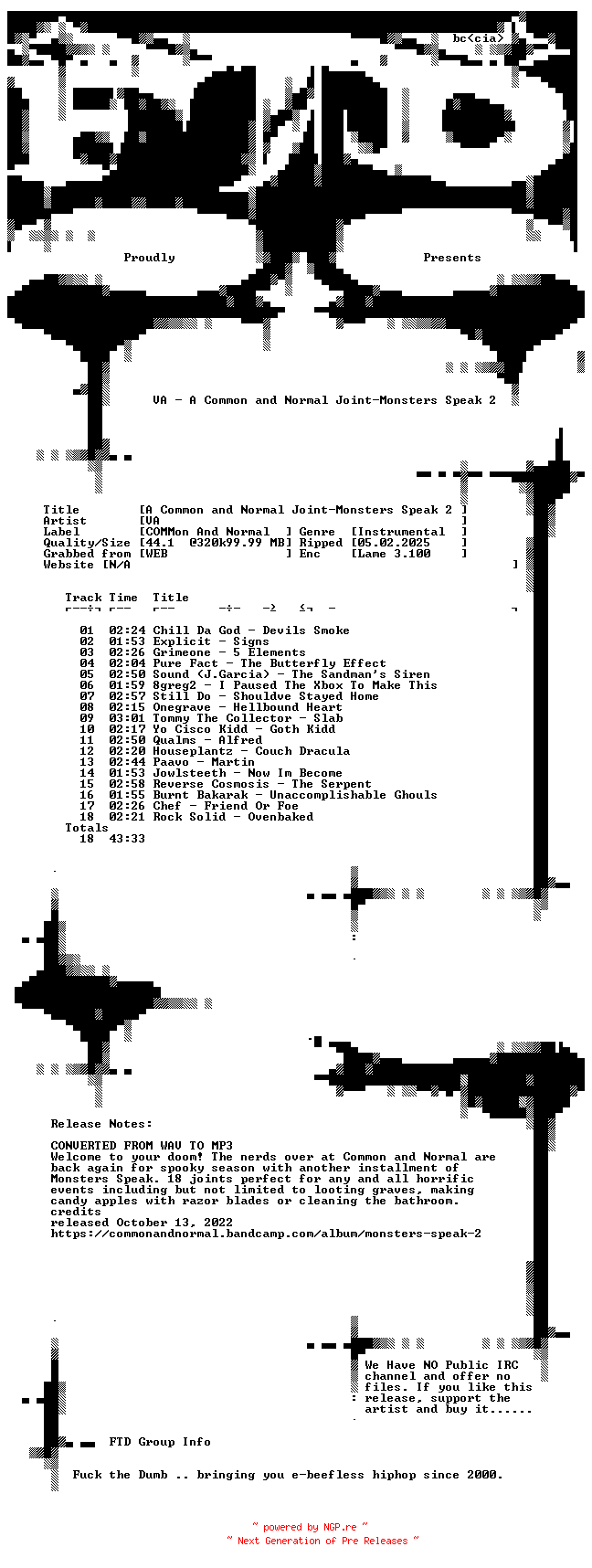 NFO for the release VA-A_Common_and_Normal_Joint-Monsters_Speak_2-WEB-2022-FTD by FTD