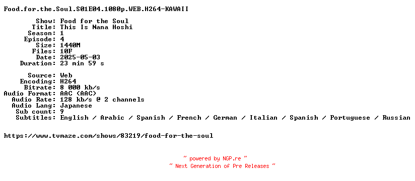 NFO for the release Food.for.the.Soul.S01E04.1080p.WEB.H264-KAWAII by KAWAII