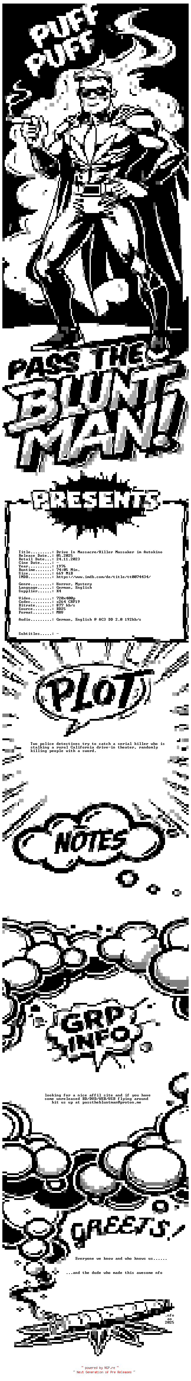 NFO for the release Drive.in.Massacre.1976.GERMAN.DL.BDRiP.x264.iNTERNAL-PtBM by PtBM