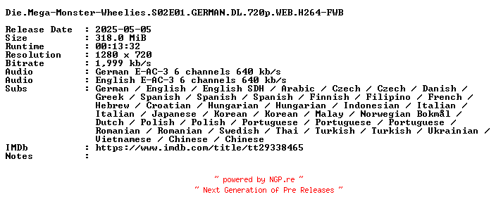 NFO for the release Die.Mega-Monster-Wheelies.S02E01.GERMAN.DL.720p.WEB.H264-FWB by FWB