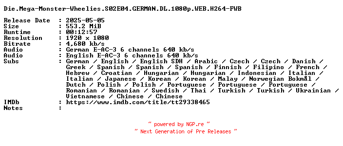 NFO for the release Die.Mega-Monster-Wheelies.S02E04.GERMAN.DL.1080p.WEB.H264-FWB by FWB