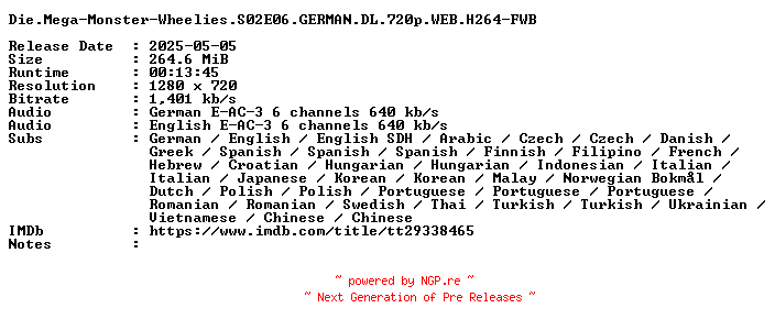 NFO for the release Die.Mega-Monster-Wheelies.S02E06.GERMAN.DL.720p.WEB.H264-FWB by FWB