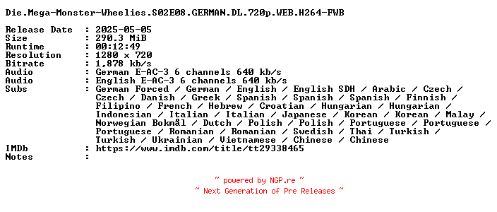 NFO for the release Die.Mega-Monster-Wheelies.S02E08.GERMAN.DL.720p.WEB.H264-FWB by FWB