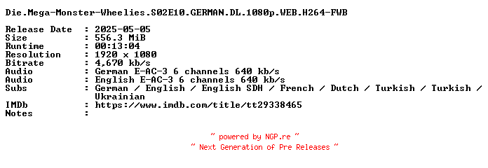 NFO for the release Die.Mega-Monster-Wheelies.S02E10.GERMAN.DL.1080p.WEB.H264-FWB by FWB