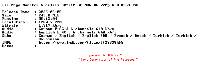 NFO for the release Die.Mega-Monster-Wheelies.S02E10.GERMAN.DL.720p.WEB.H264-FWB by FWB